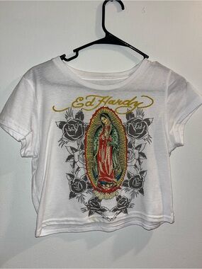 Ed Hardy White Crop Top with Multicolor Guadalupe Graphic